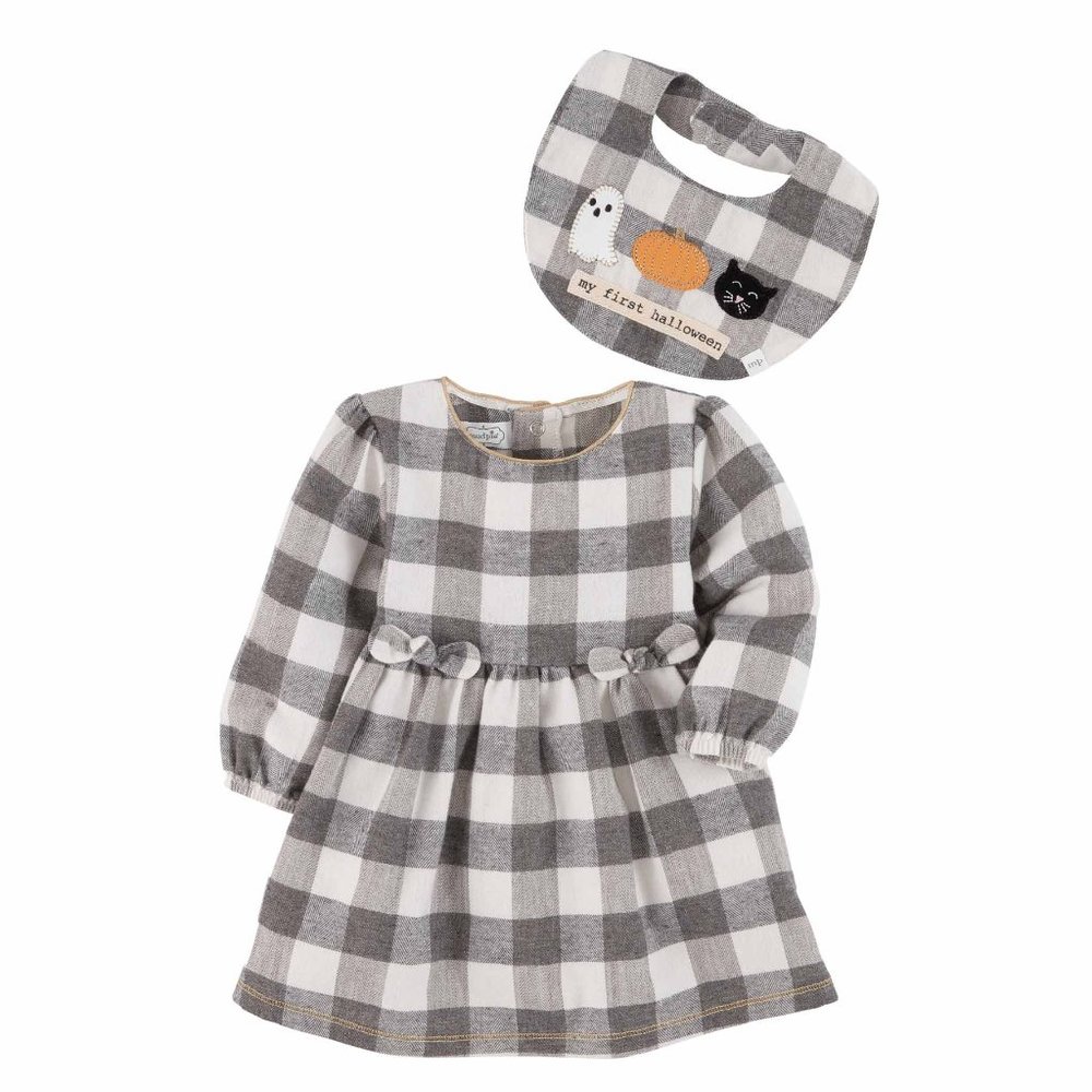 MUD PIE HALLOWEEN THANKSGING GINGHAM DRESS BIB SET